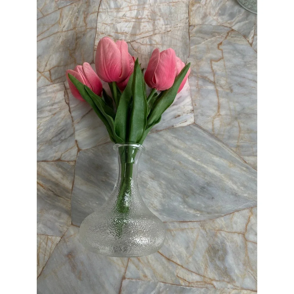 Pink Faux Tulips in‎ Textured Clear Glass Bud Vase Arrangement 8.5 Inch